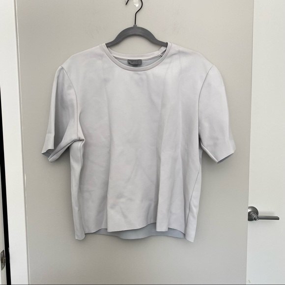 COS Top Light Gray Nylon Short Sleeve Shirt Raw Hem Neutral Minimalist Classic - Picture 1 of 6